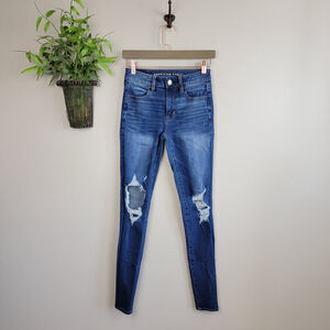 AE 2 American Eagle Skinny Jeans Hi Rise Jegging Distressed Medium Wash Stretch